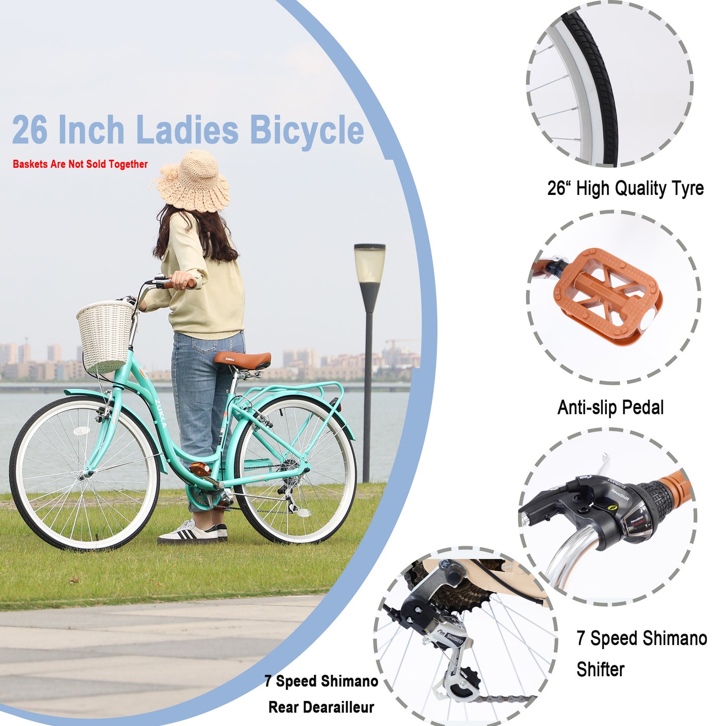 7 Speed; Steel Frame; Multiple Colors 26 Inch Ladies Bicycle