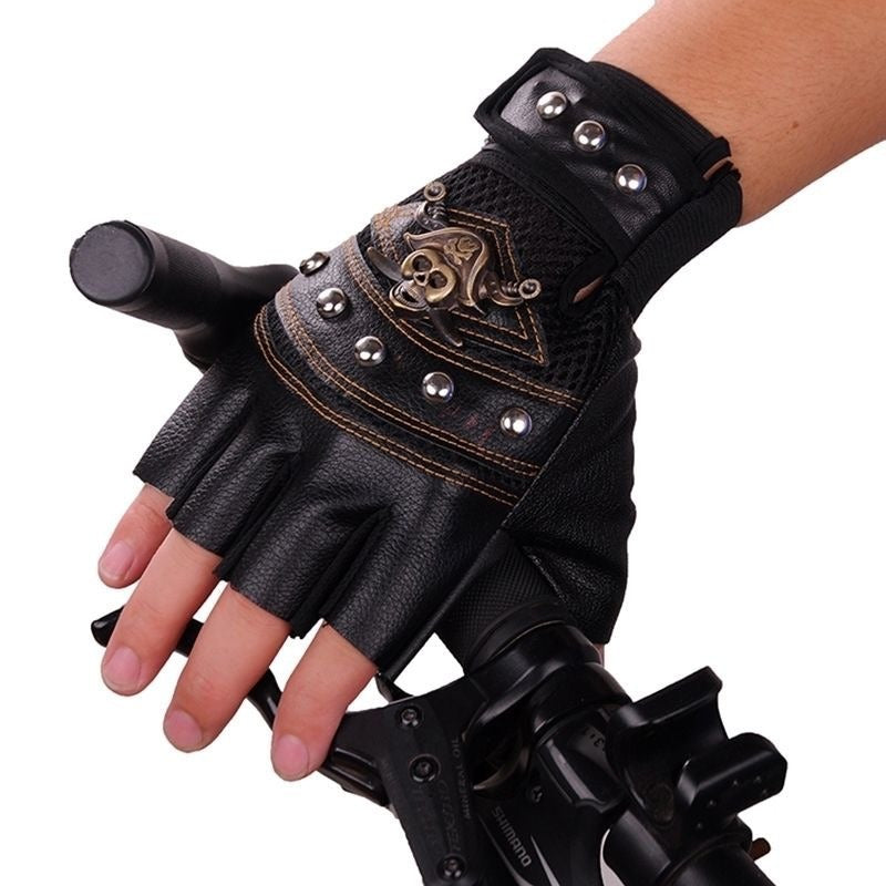 Punk Skulls Rivet PU Leather Gloves Men Women Fashion Hip Hop Anti-slip Half Finger Gloves Summer Cycling Motorcycle Accessories